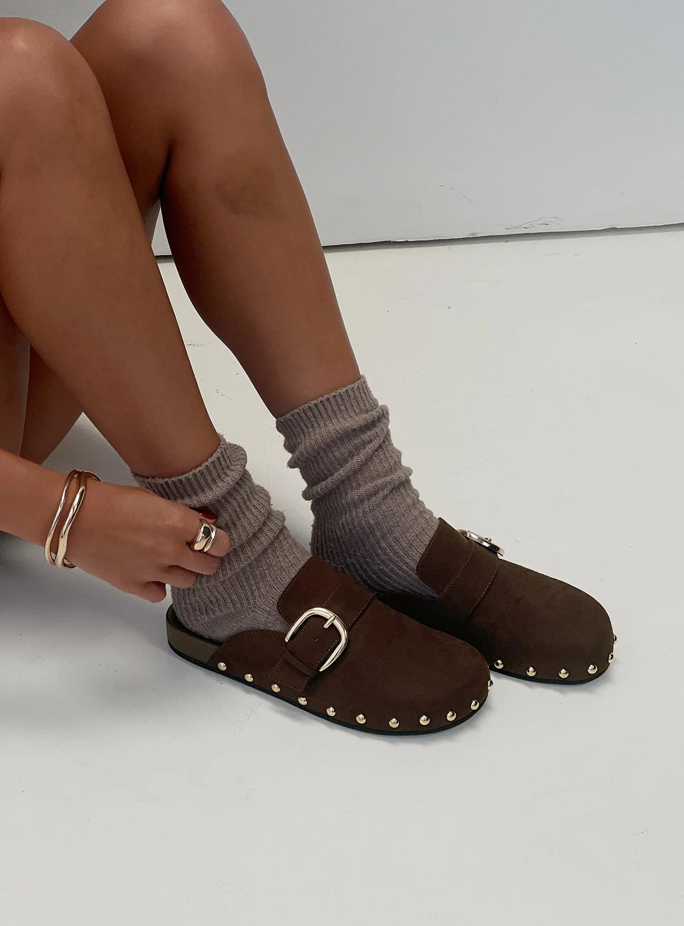 Way Life Goes Stud Detail Clogs Chocolate sold by Princess Polly