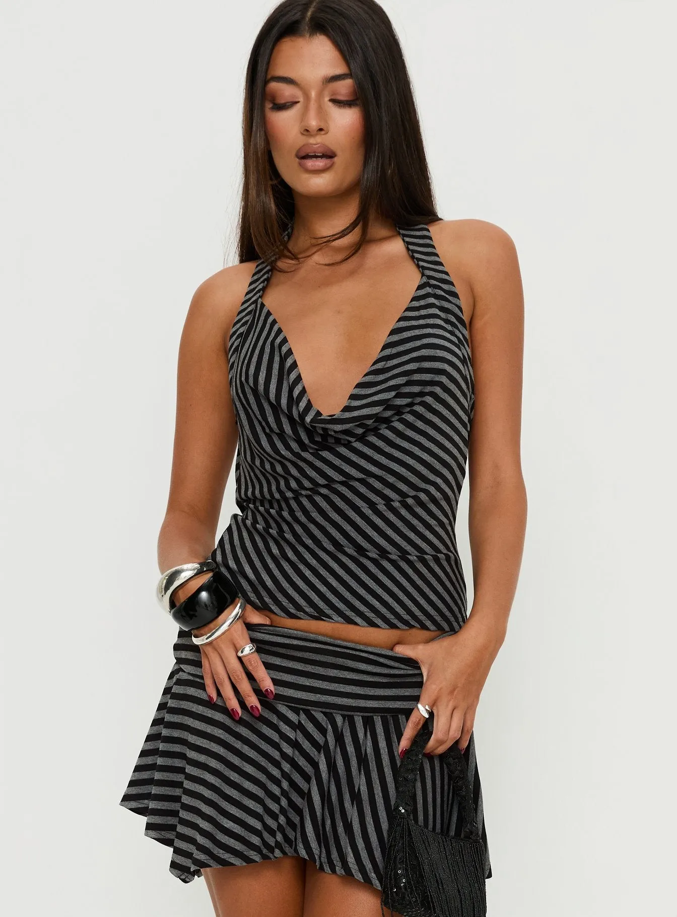 Dyana Cowl Neck Top Grey / Black Stripe sold by Princess Polly product image thumbnail 2