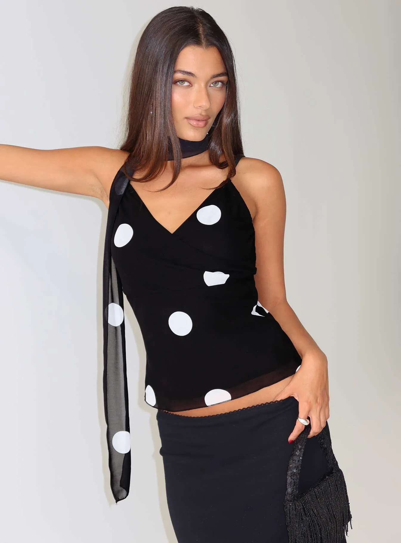 Jenae Scarf Detail Cami Top Black / White Polka sold by Princess Polly