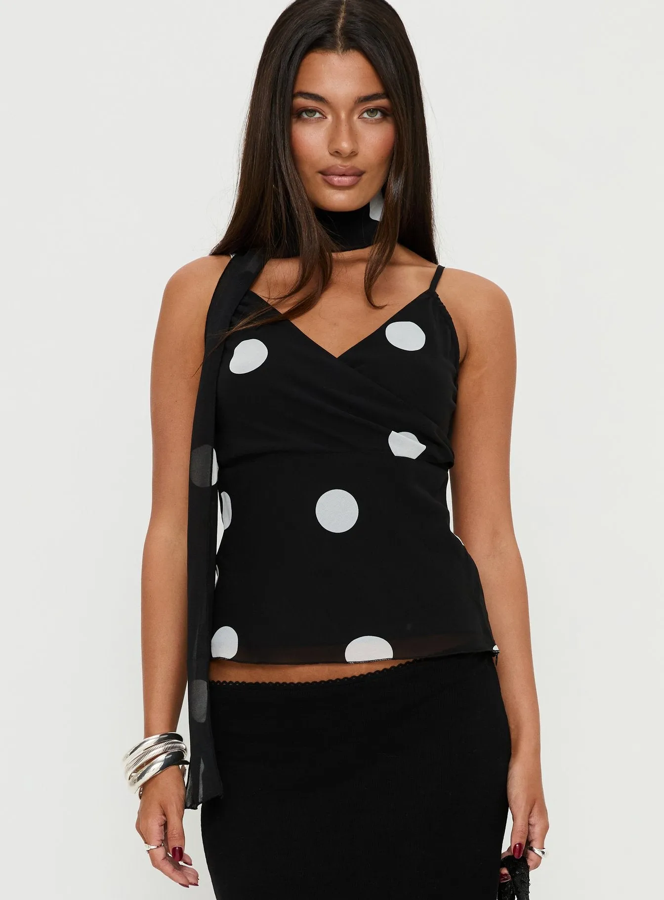 Jenae Scarf Detail Cami Top Black / White Polka sold by Princess Polly product image thumbnail 2