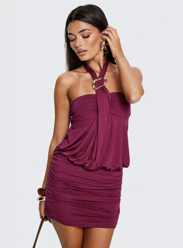 Nicolea Halter Hardware Mini Dress Plum sold by Princess Polly
