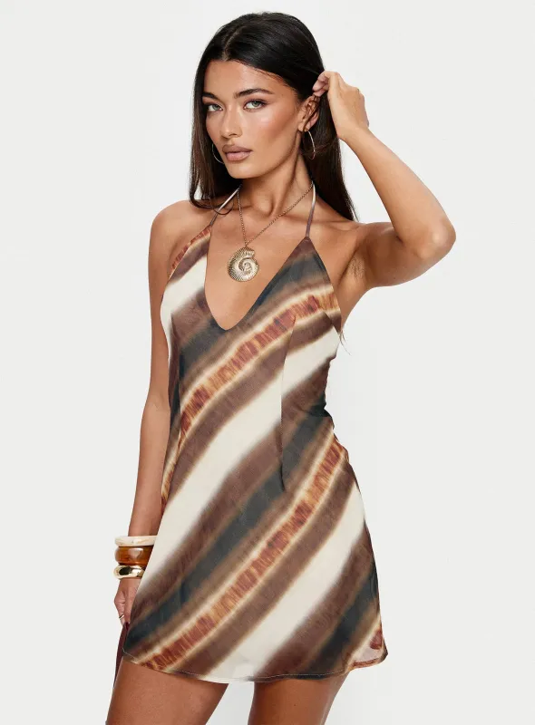 Esmira Halter Mini Dress Brown Stripe sold by Princess Polly