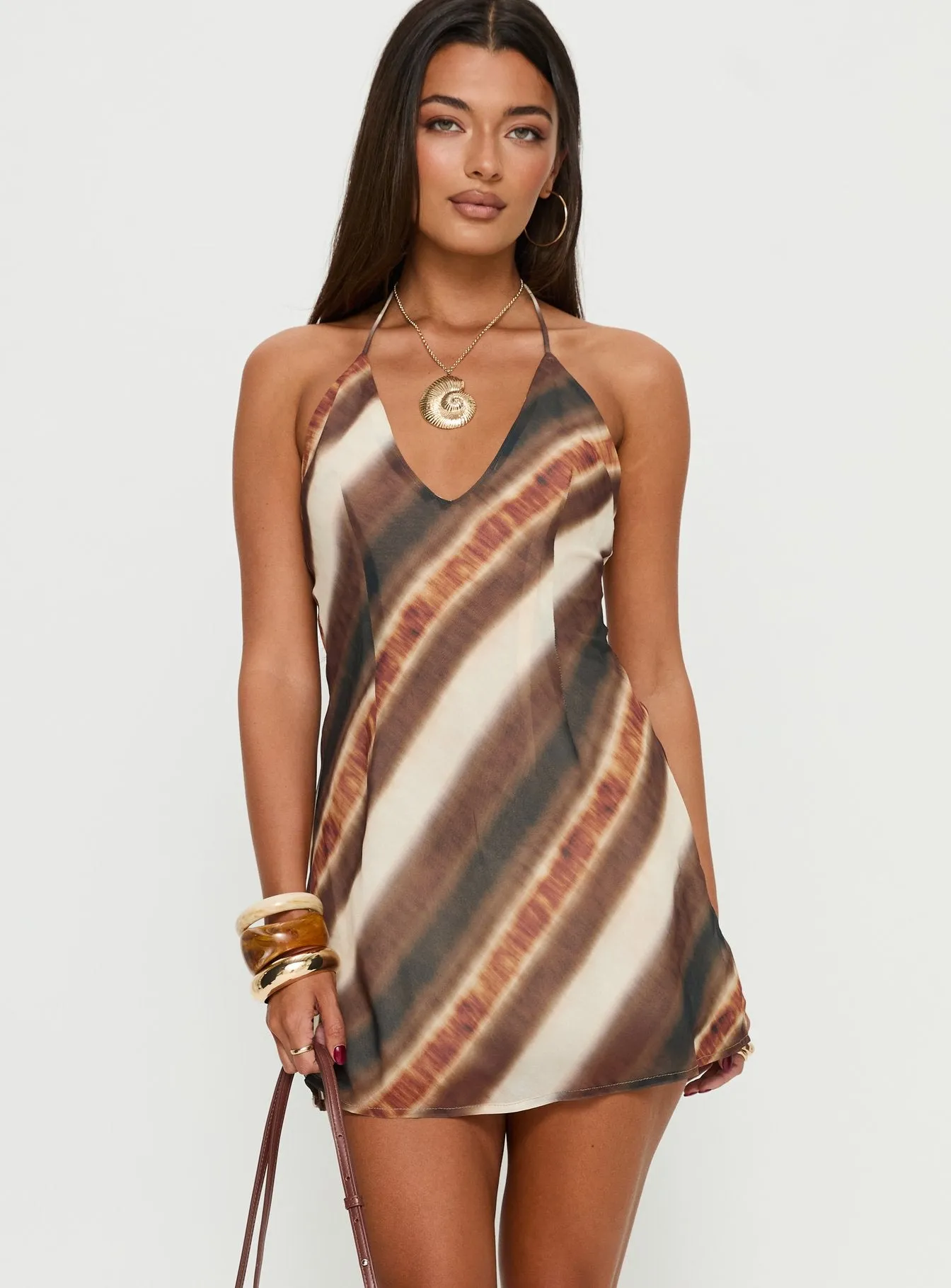 Esmira Halter Mini Dress Brown Stripe sold by Princess Polly product image thumbnail 2