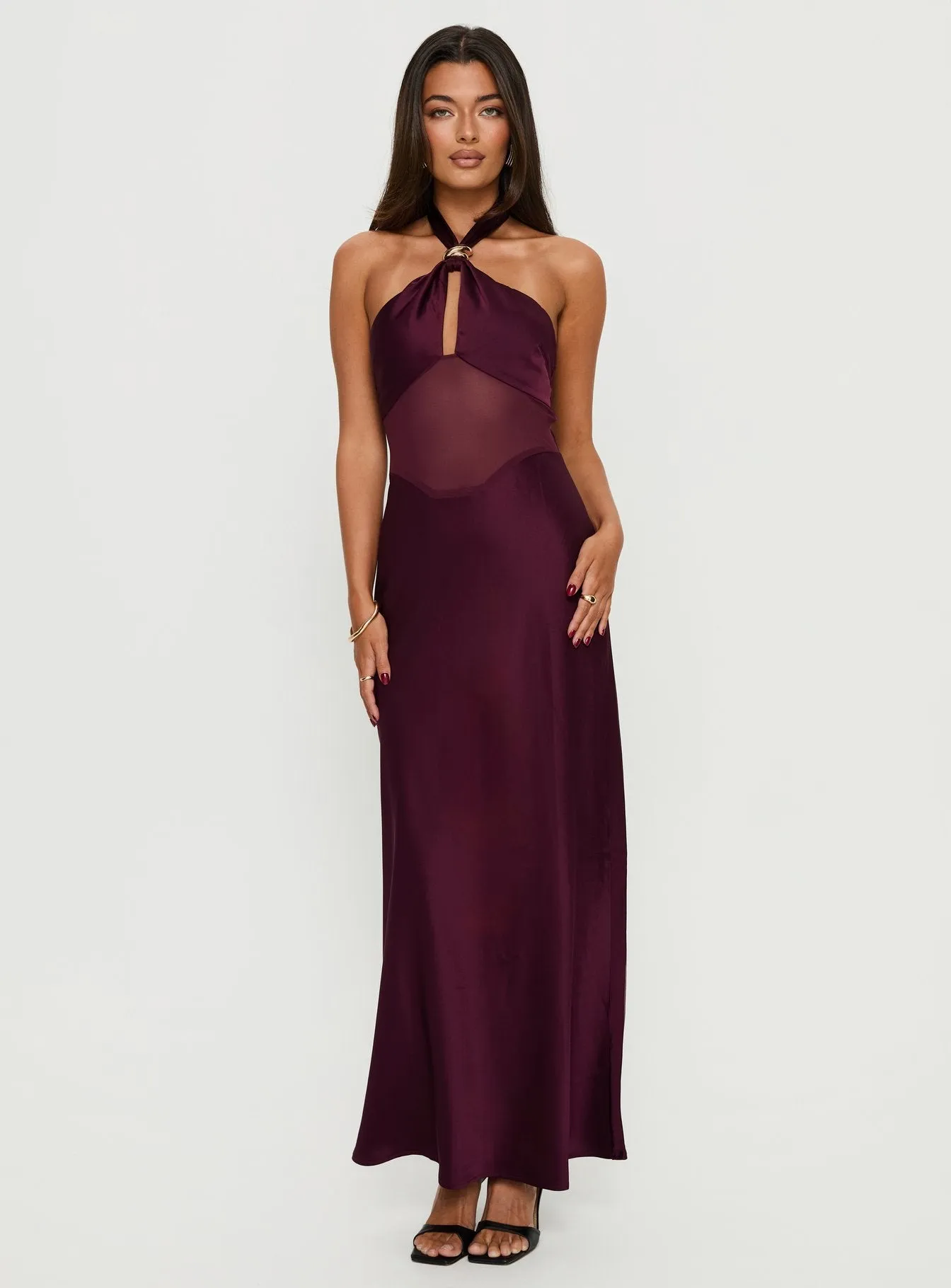 Rosario Halter Sheer Maxi Dress Plum sold by Princess Polly
