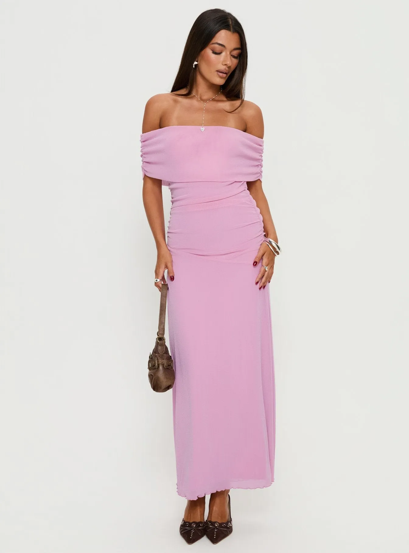 Penelopa Off Shoulder Maxi Dress Pink sold by Princess Polly