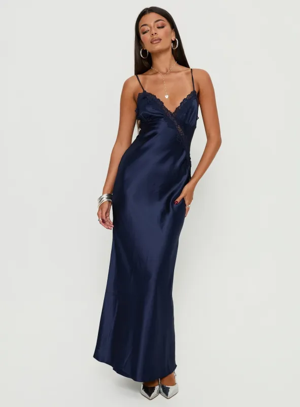 Madelene Lace V Neck Maxi Dress Navy sold by Princess Polly