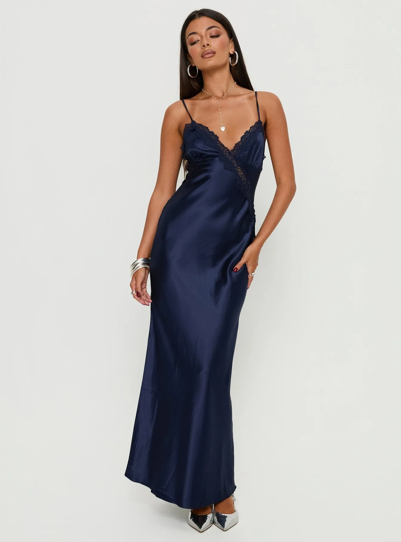 Madelene Lace V Neck Maxi Dress Navy sold by Princess Polly