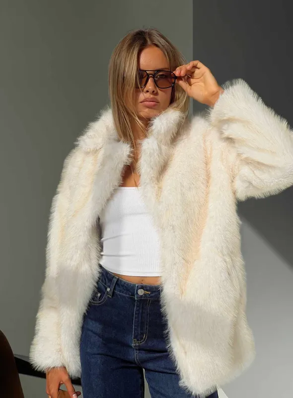 Clova Faux Fur Coat White sold by Princess Polly