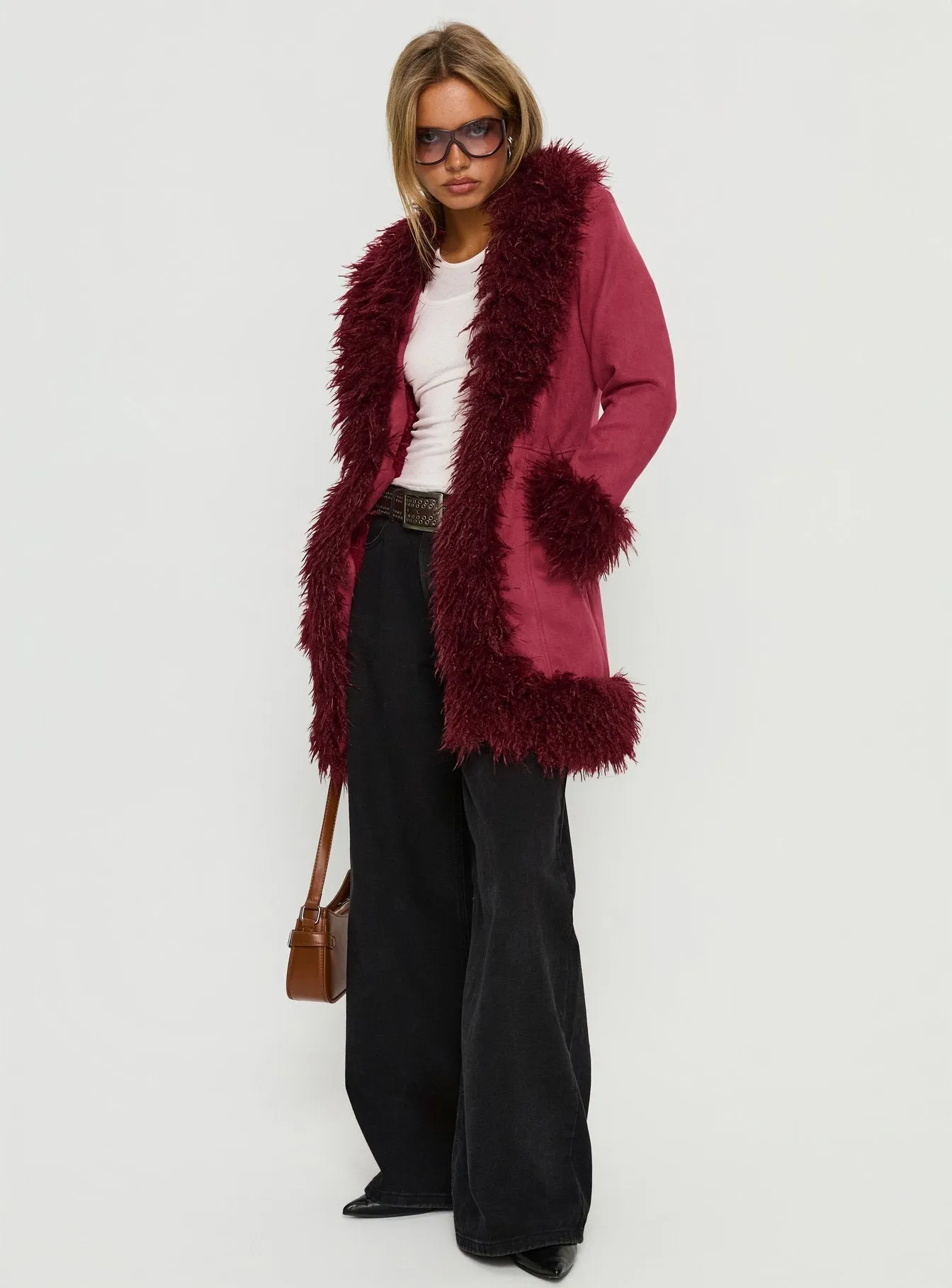 Josefina Faux Fur Detail Jacket Wine sold by Princess Polly product image thumbnail 3