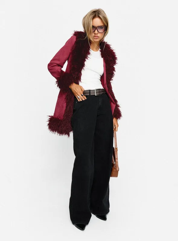 Josefina Faux Fur Detail Jacket Wine sold by Princess Polly