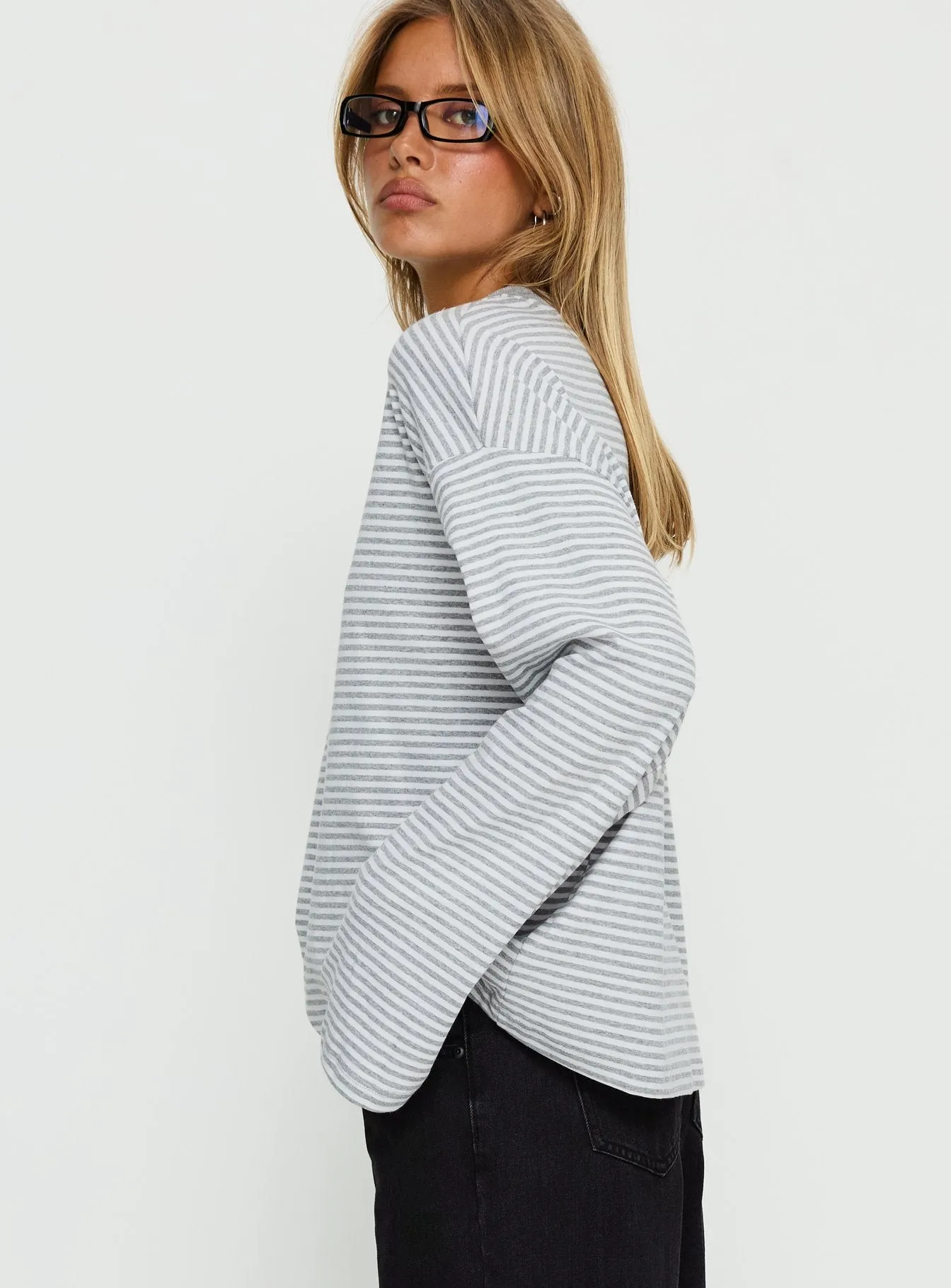 Settle Down Long Sleeve Top Grey / White Stripe sold by Princess Polly product image thumbnail 4