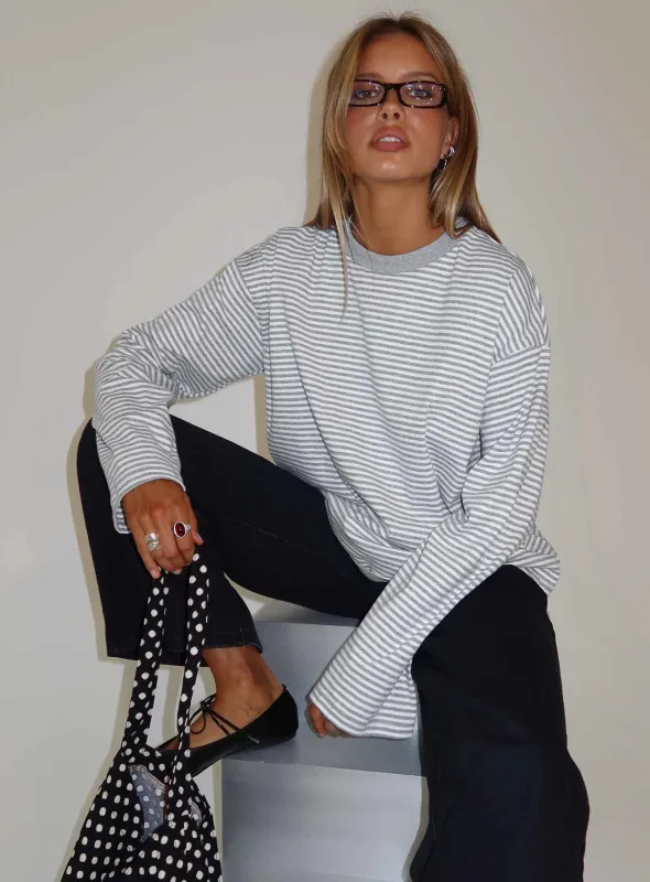 Settle Down Long Sleeve Top Grey / White Stripe sold by Princess Polly