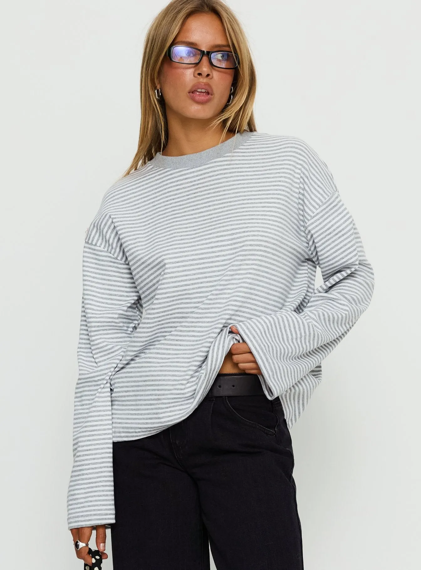 Settle Down Long Sleeve Top Grey / White Stripe sold by Princess Polly product image thumbnail 2
