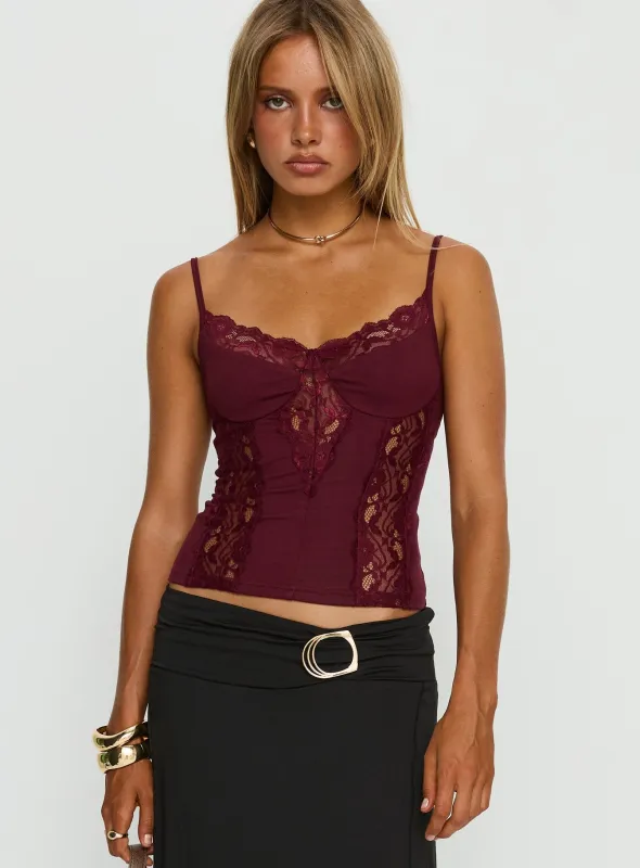 Rhiara Lace Trim Top Cherry sold by Princess Polly