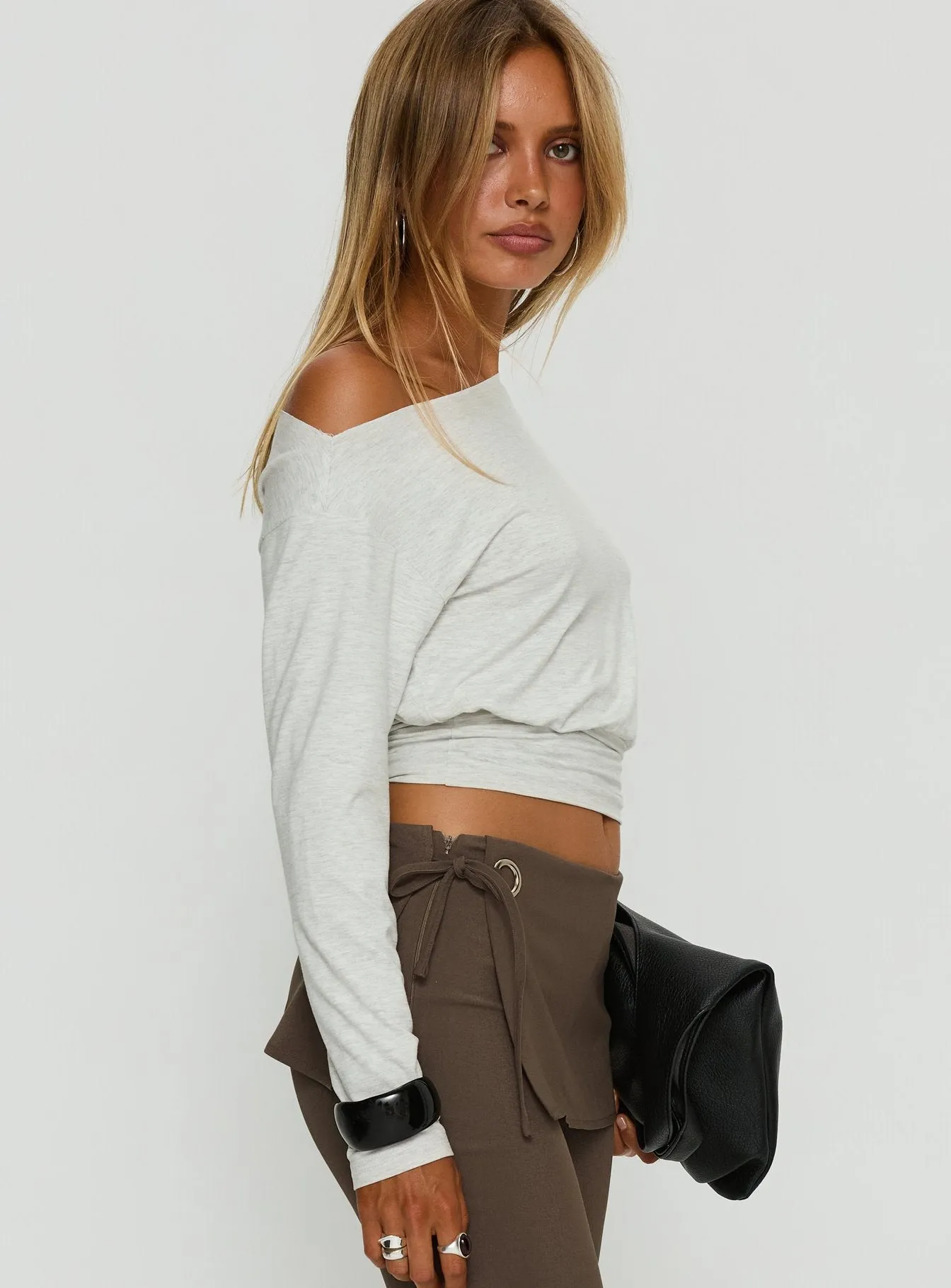 Ashlinn Off Shoulder Long Sleeve Drapey Top Grey Marle sold by Princess Polly product image thumbnail 4