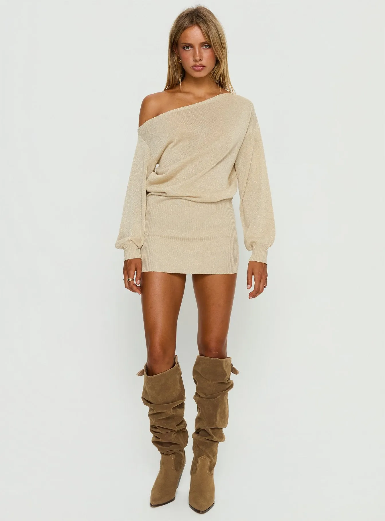 Johannah Off Shoulder Long Sleeve Knit Mini Dress Gold sold by Princess Polly product image thumbnail 3