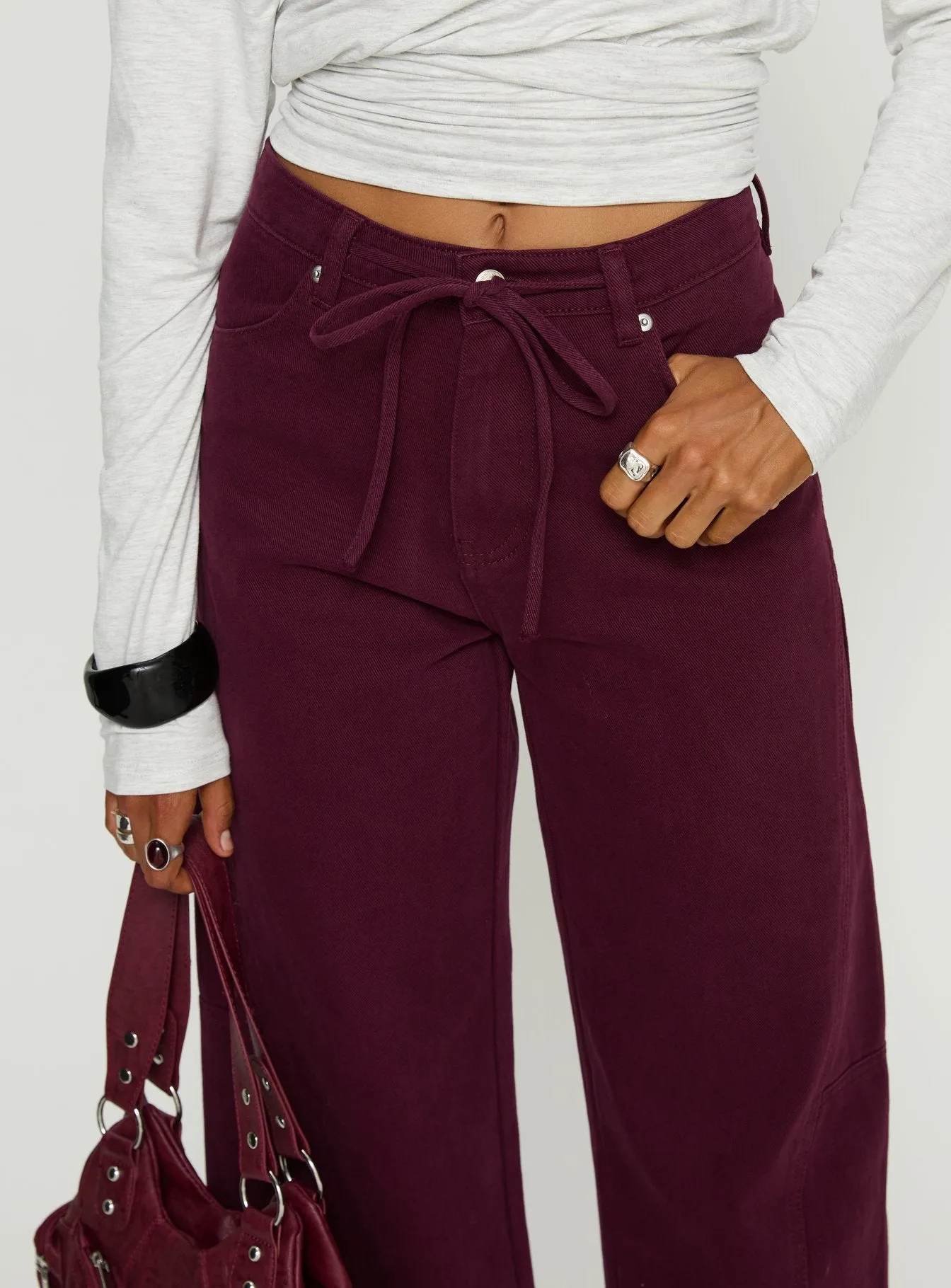 Bruiser Tie Waist Mid Rise Wide Leg Jeans Currant sold by Princess Polly product image thumbnail 5