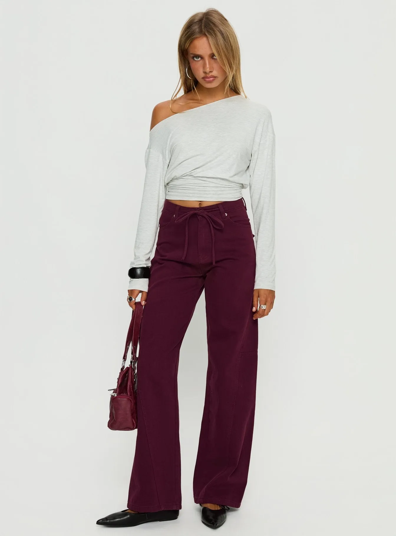 Bruiser Tie Waist Mid Rise Wide Leg Jeans Currant sold by Princess Polly product image thumbnail 2