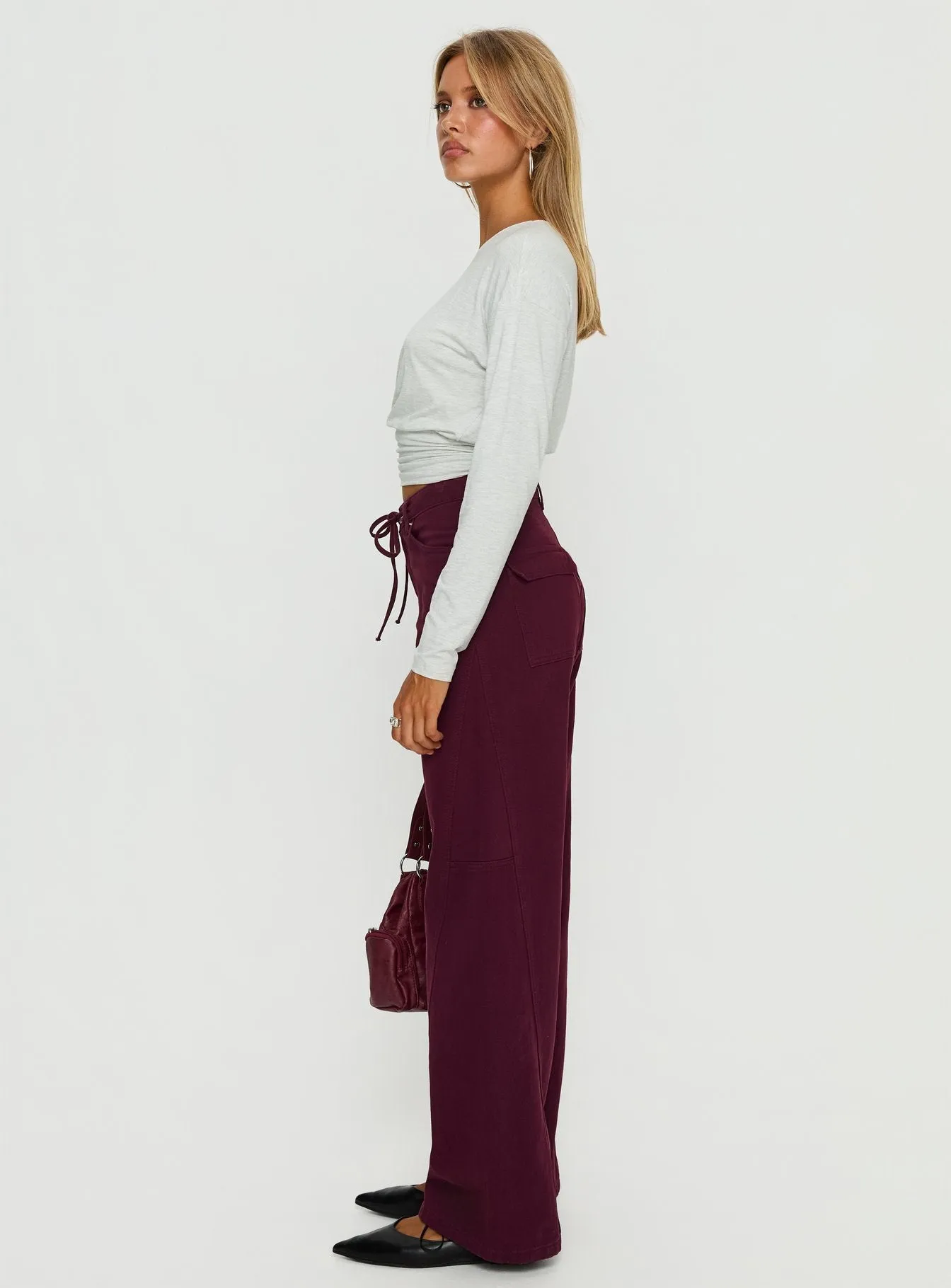 Bruiser Tie Waist Mid Rise Wide Leg Jeans Currant sold by Princess Polly product image thumbnail 3