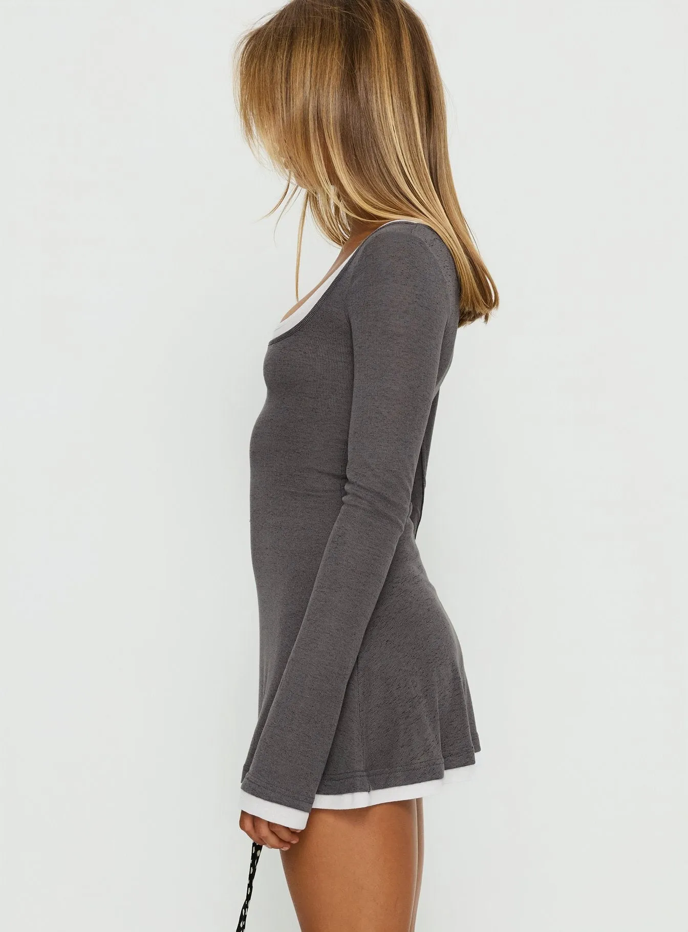Adoree Long Sleeve Layered Mini Dress Grey / White sold by Princess Polly product image thumbnail 4