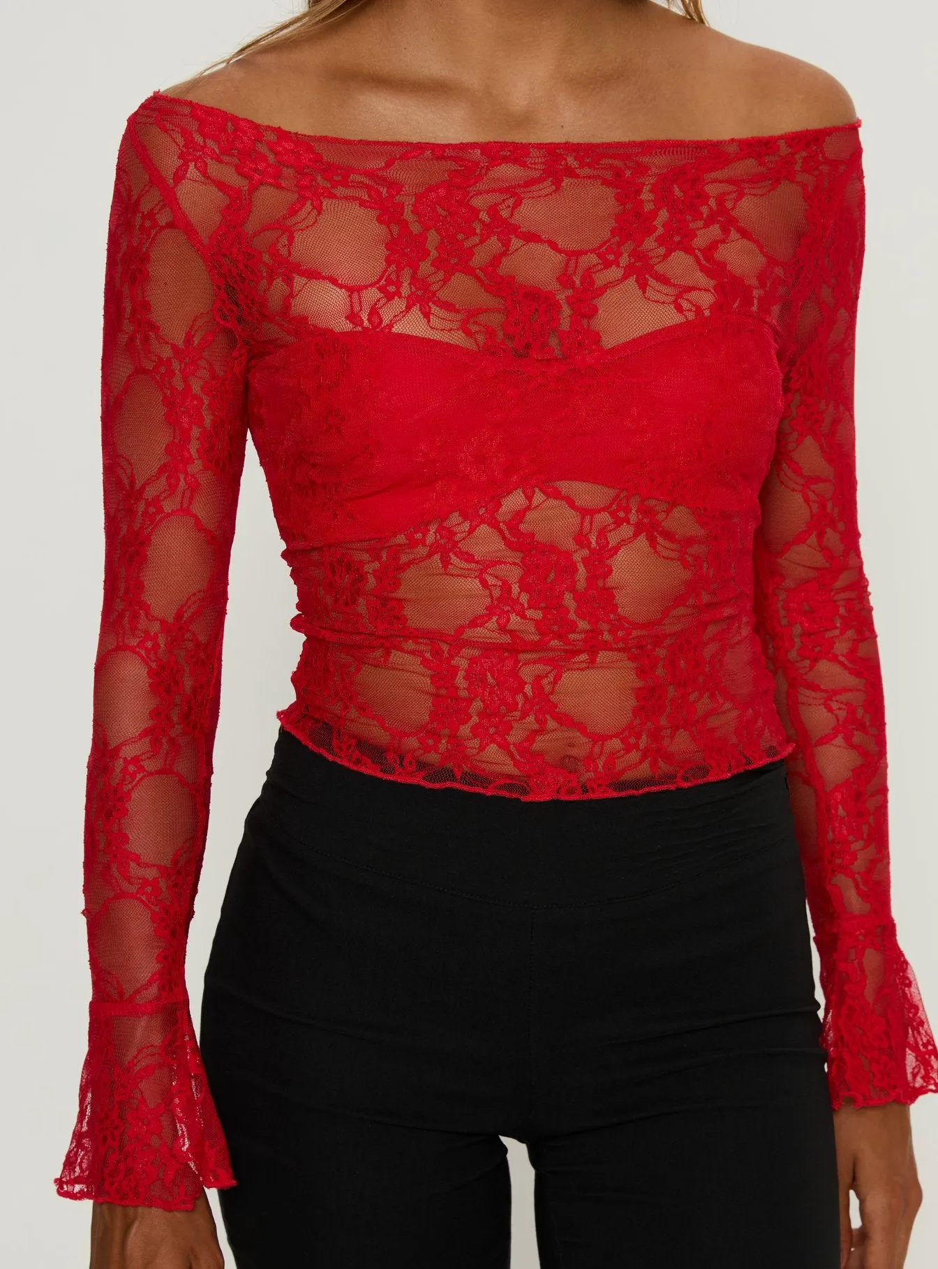 Junah Sheer Lace Long Sleeve Top Red sold by Princess Polly product image thumbnail 5