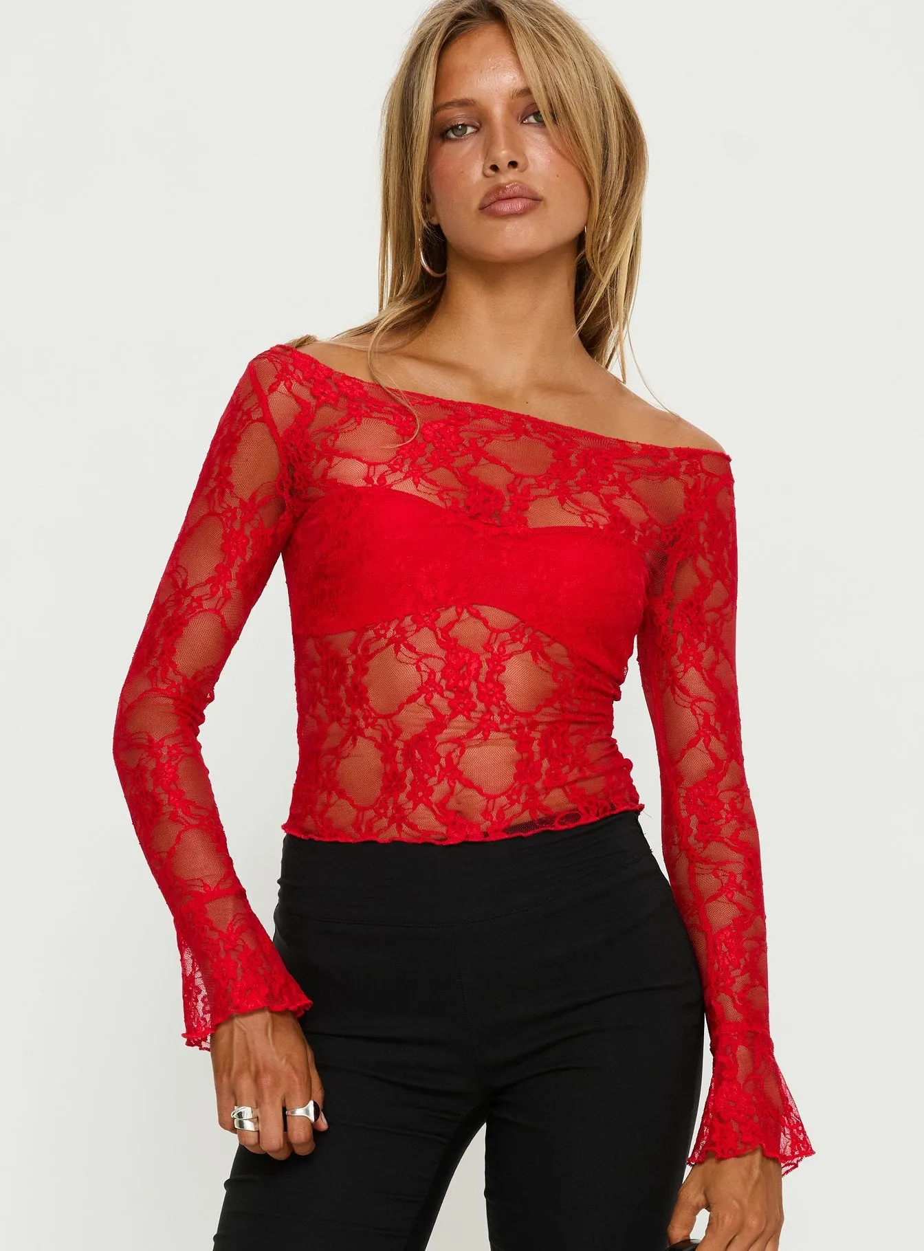 Junah Sheer Lace Long Sleeve Top Red sold by Princess Polly
