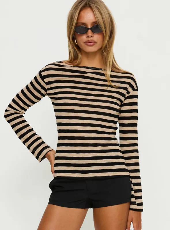 So Composed Boat Neck Long Sleeve Top Latte Stripe sold by Princess Polly