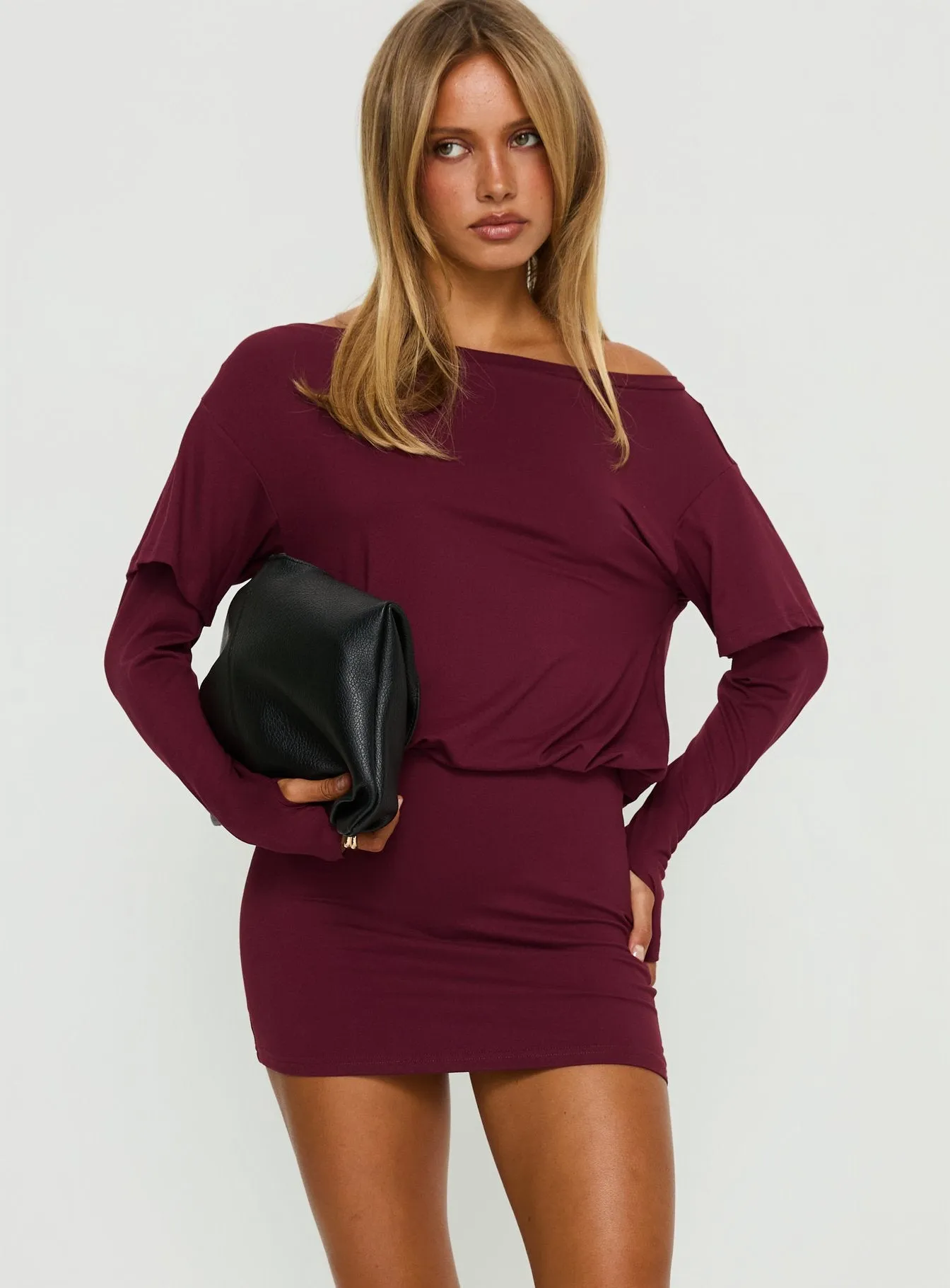Jesselyn Long Sleeve Off Shoulder Mini Dress Burgundy sold by Princess Polly product image thumbnail 2
