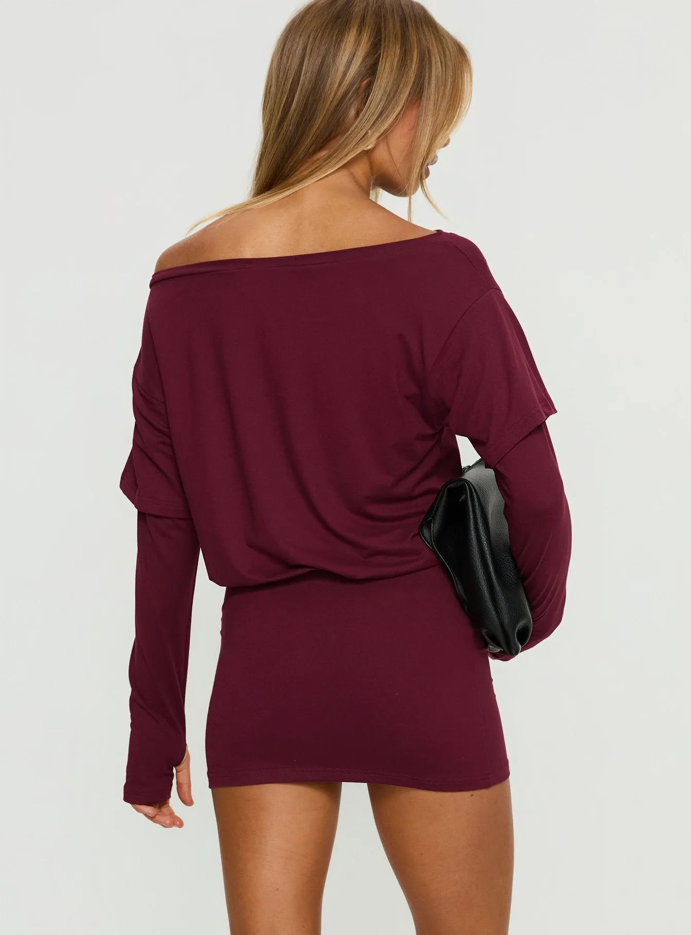 Jesselyn Long Sleeve Off Shoulder Mini Dress Burgundy sold by Princess Polly product image thumbnail 5