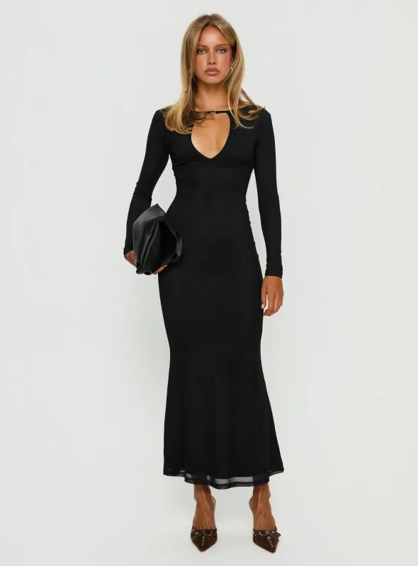 Adesa Long Sleeve Keyhole Plunge Maxi Dress Black sold by Princess Polly