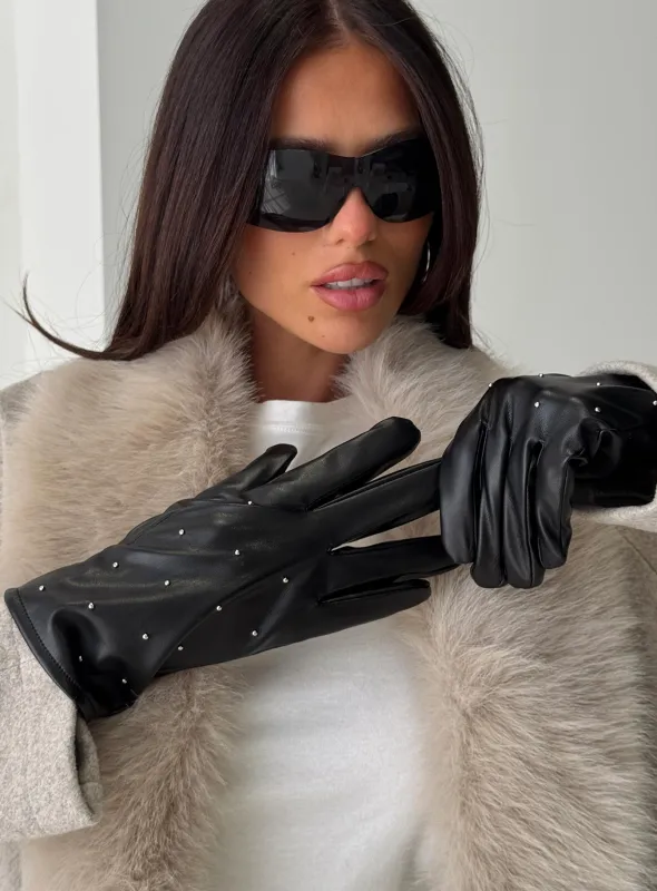 Zaylah Faux Leather Stud Detail Gloves Black sold by Princess Polly