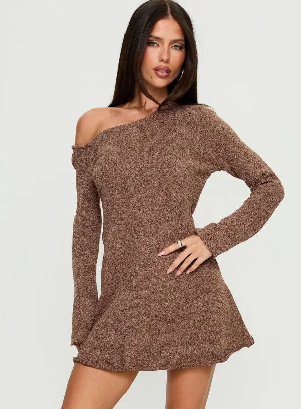 Jaede Off Shoulder Knit Mini Dress Mocha sold by Princess Polly