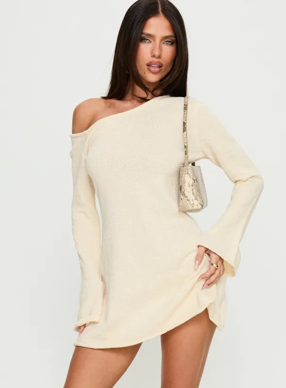 Jaede Off Shoulder Knit Mini Dress Cream sold by Princess Polly