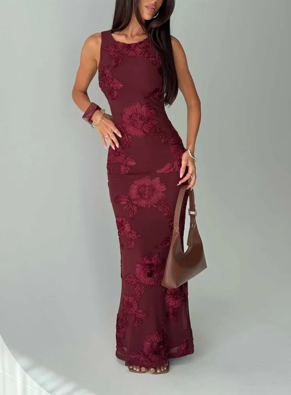 Fionna Floral Maxi Dress Burgundy sold by Princess Polly