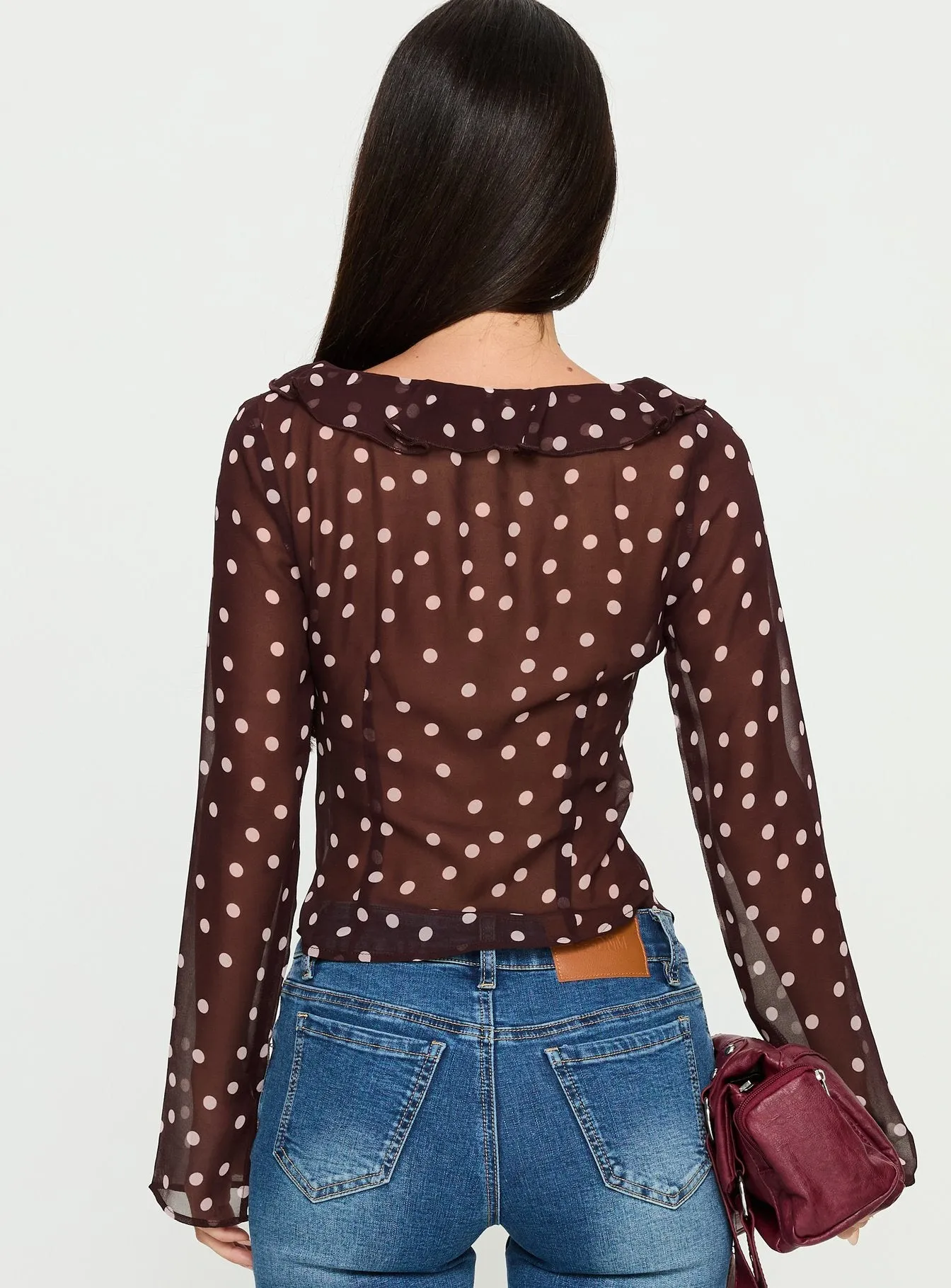Corazon Sheer Frill Long Sleeve Top Burgundy Polka sold by Princess Polly product image thumbnail 4