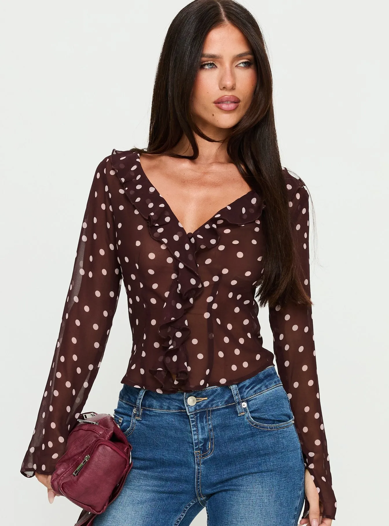 Corazon Sheer Frill Long Sleeve Top Burgundy Polka sold by Princess Polly