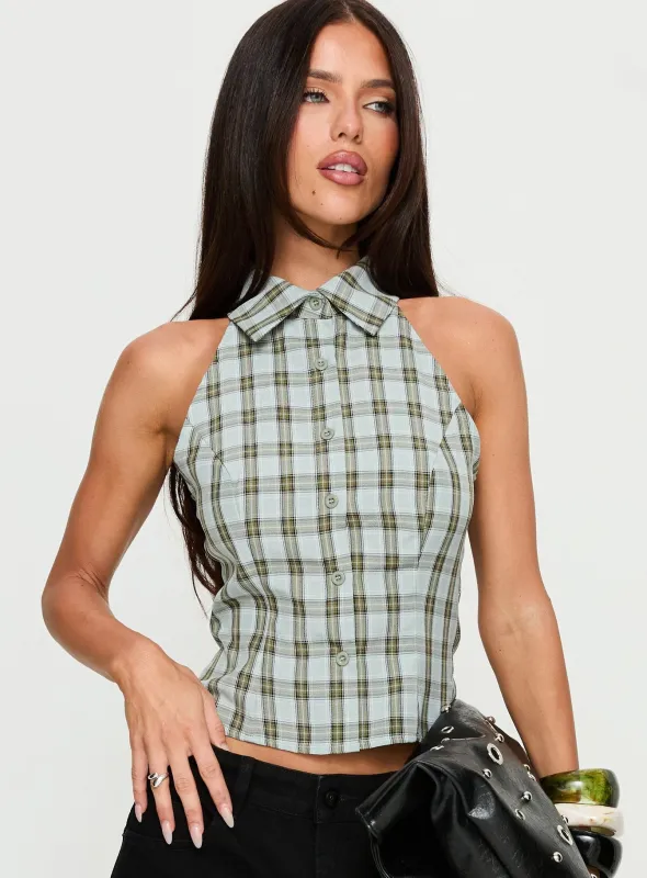 Daleia Sleeveless Collared Top Blue Check sold by Princess Polly
