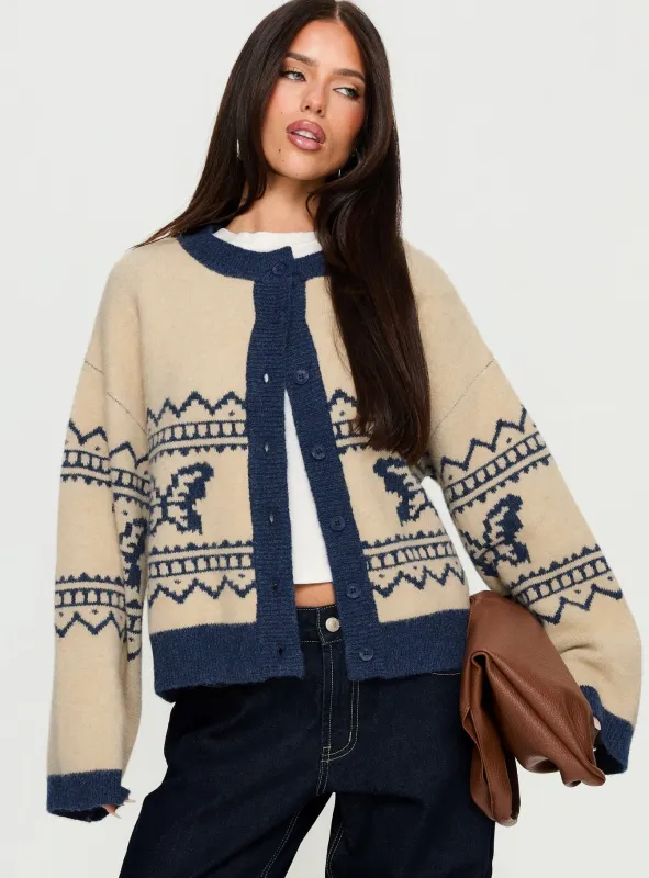 Wynoni Alpine Knit Cardigan Beige / Navy sold by Princess Polly