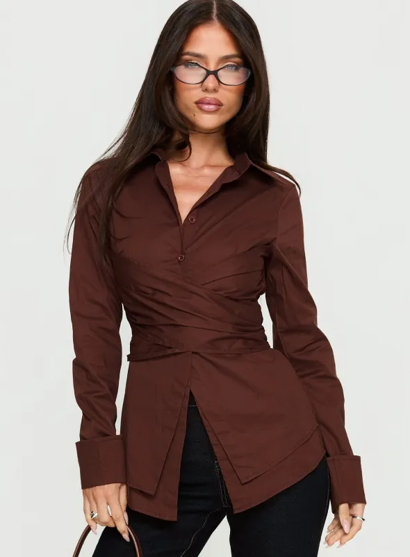 Shapeshifter Twist Long Sleeve Shirt Chocolate sold by Princess Polly