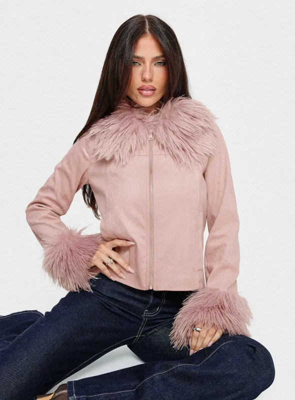 Jeanna Suede Faux Fur Detail Jacket Pink sold by Princess Polly