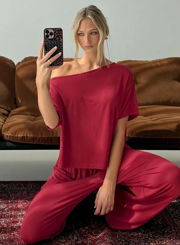 Cozy Hour Sleep Relaxed Off Shoulder Top Red sold by Princess Polly