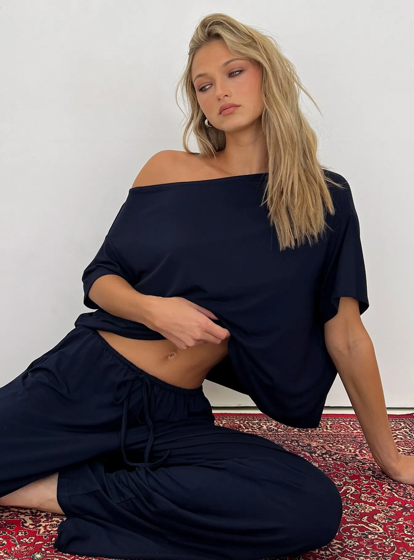 Cozy Hour Sleep Relaxed Off Shoulder Top Navy sold by Princess Polly
