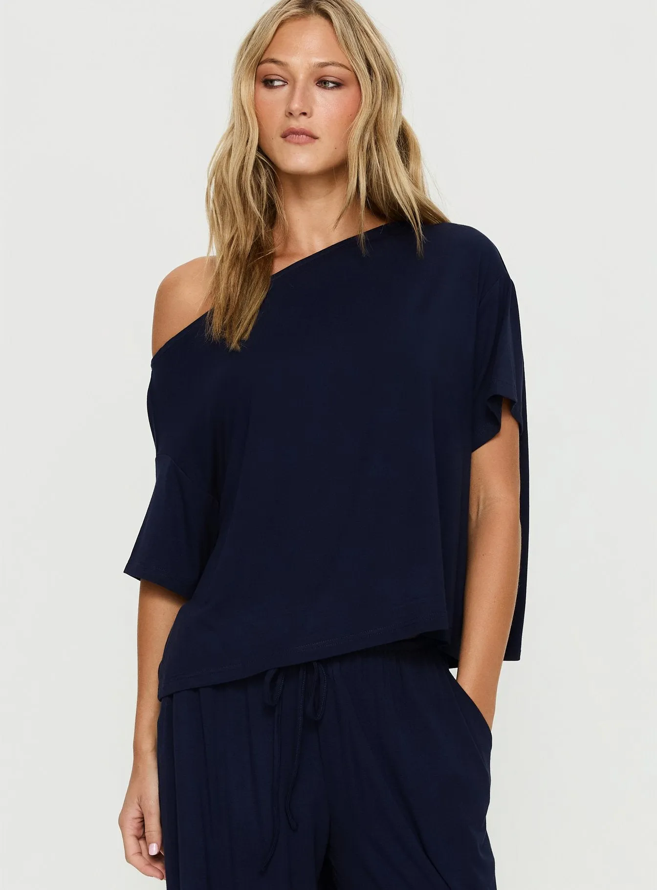 Cozy Hour Sleep Relaxed Off Shoulder Top Navy sold by Princess Polly product image thumbnail 2