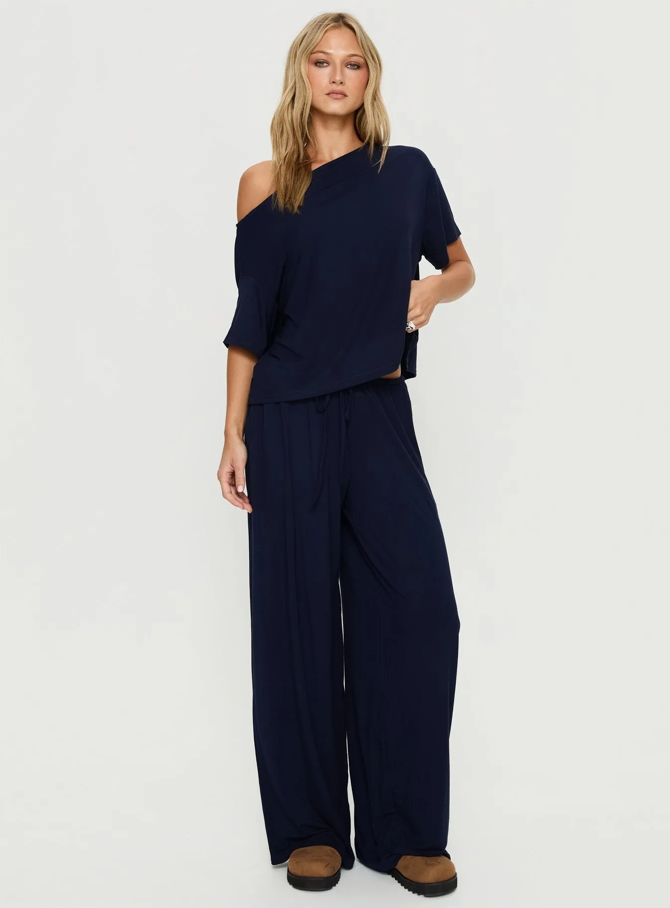 Cozy Hour Sleep Relaxed Off Shoulder Top Navy sold by Princess Polly product image thumbnail 3