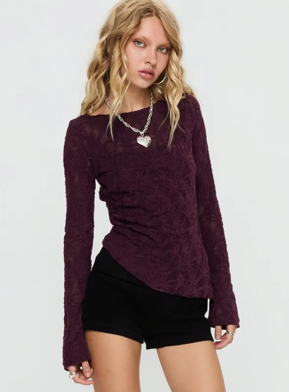 Branna Ruched Lace Long Sleeve Top Plum sold by Princess Polly