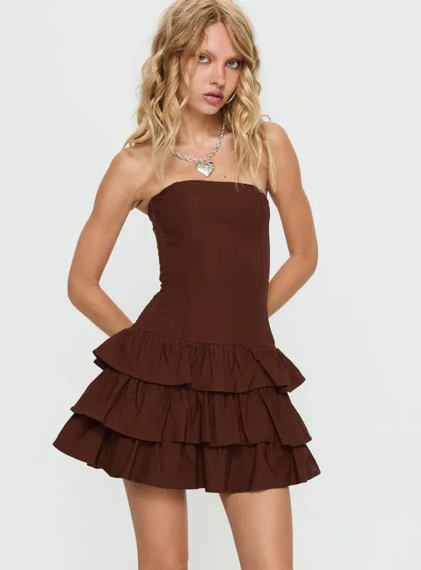 Valentia Tiered Mini Dress Chocolate sold by Princess Polly