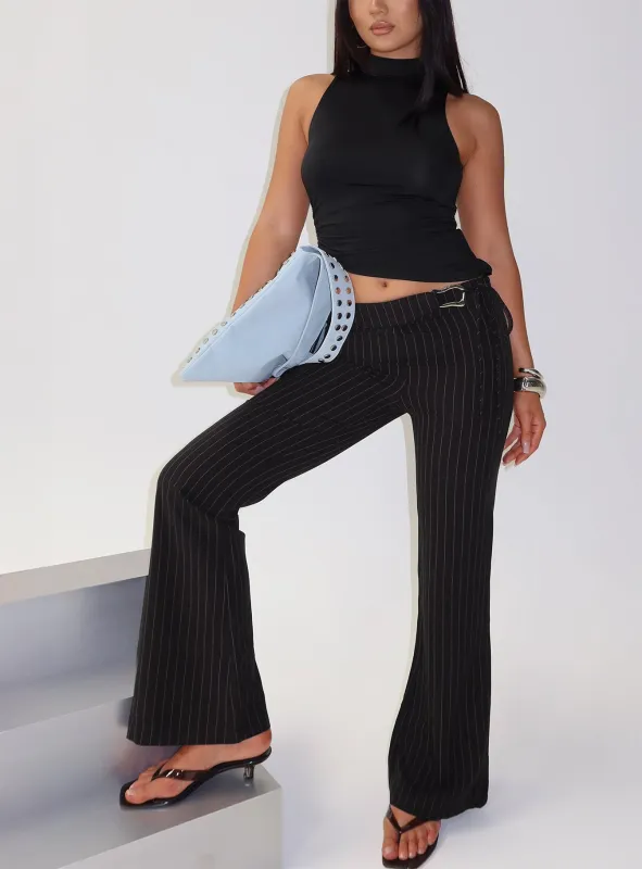 Louder Please Tie Side Straight Leg Pants Black Pinstripe sold by Princess Polly