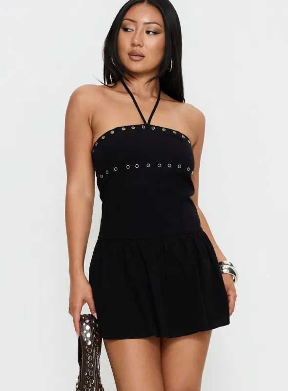 Nidia Eyelet Tie Neck Playsuit Black sold by Princess Polly