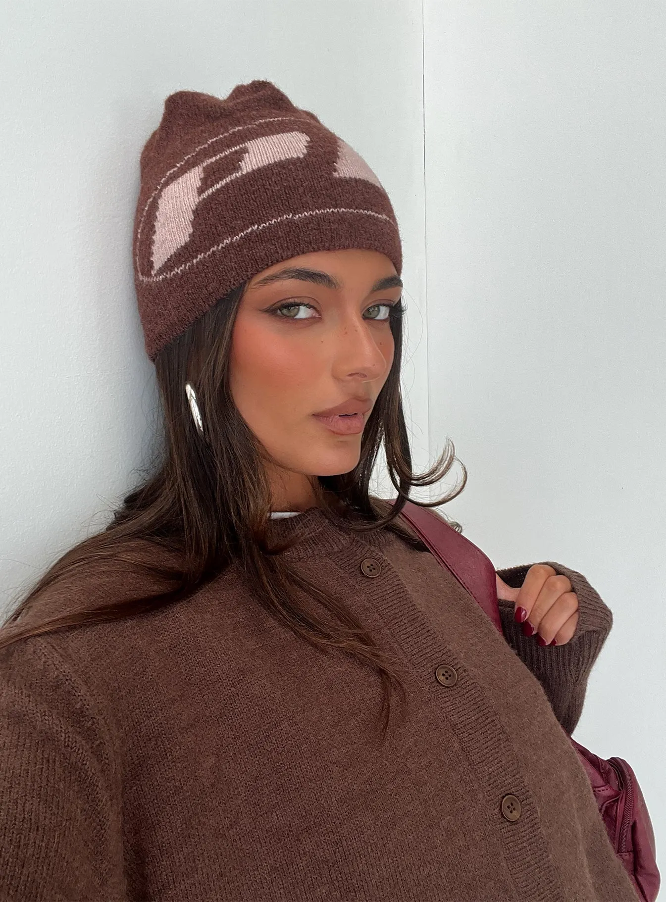 Rhiara Beanie Brown / Pink sold by Princess Polly