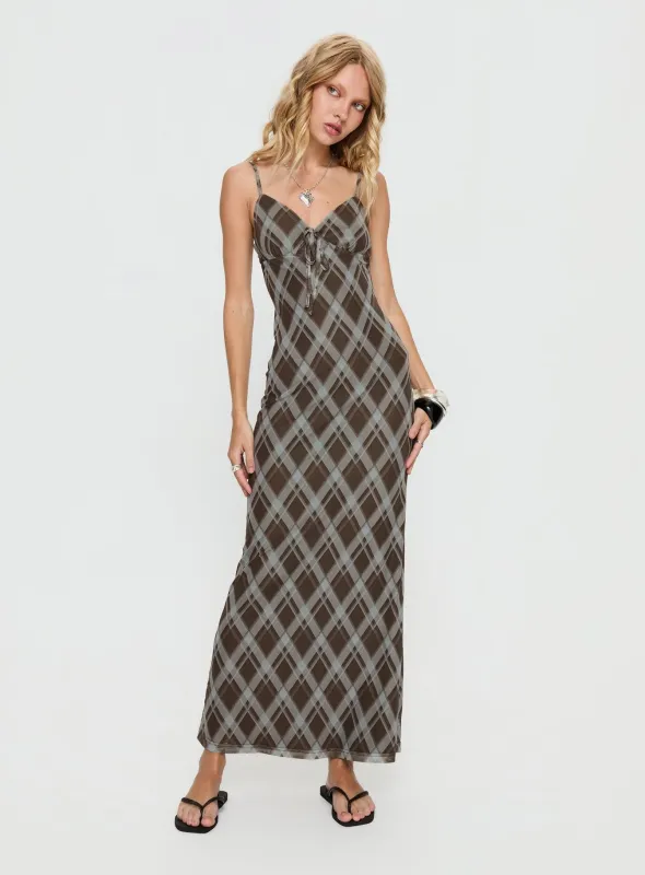 Idaline V Neck Maxi Dress Brown Check sold by Princess Polly